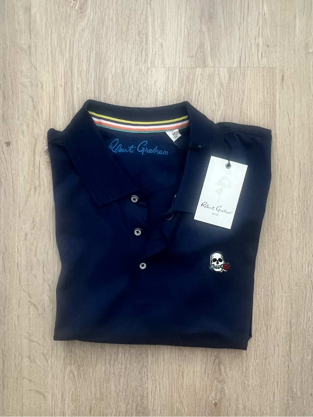 NWT Robert Graham Archie Skull Golf Polo Shirt Mens Medium Navy Blue Designer